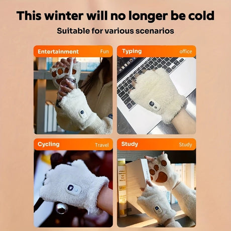 BLACK Cat Paw Fingerless Electric Heating Gloves, 3 adjustable heating levels, washable, 2000mAh battery, fluffy and warm, perfect for study and entertainment, ideal gift for birthdays and Christmas.