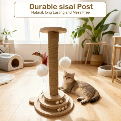 Bestselling Interactive Cat Scratching Post | Sisal Scratching Board + Rotating Ball Track + Feather Toy, Multi-functional Cat Tower for Solo Play and Stress Relief