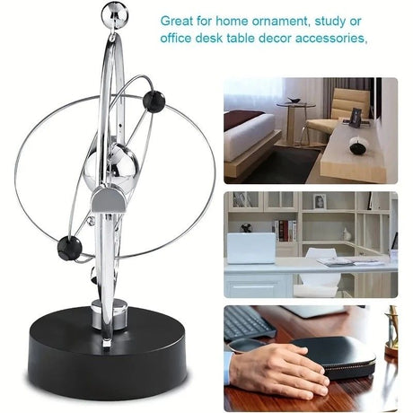 Newton's Cradle, an artistic craft piece for both home and office – a perpetual motion desktop ornament (requires 4 AA batteries to operate / batteries not included).