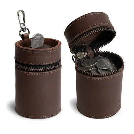 Oil Nubuck Leather Barrel Piggy Bank, Top-Grain Cowhide Plain Design, Zipper Closure Portable（coffee color）