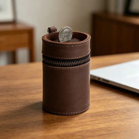 Oil Nubuck Leather Barrel Piggy Bank, Top-Grain Cowhide Plain Design, Zipper Closure Portable（coffee color）