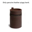 Oil Nubuck Leather Barrel Piggy Bank, Top-Grain Cowhide Plain Design, Zipper Closure Portable（coffee color）