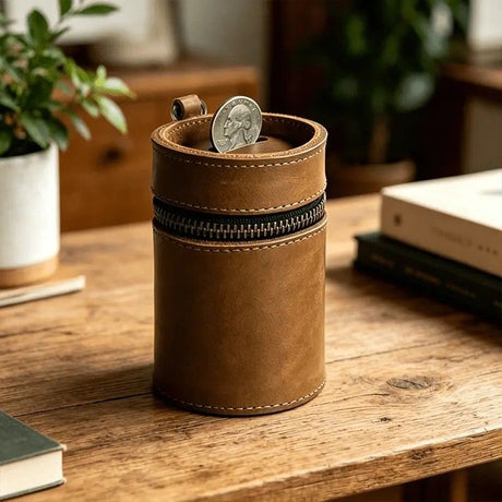 Oil Nubuck Leather Barrel Piggy Bank, Top-Grain Cowhide Plain Design, Zipper Closure Portable（coffee color）