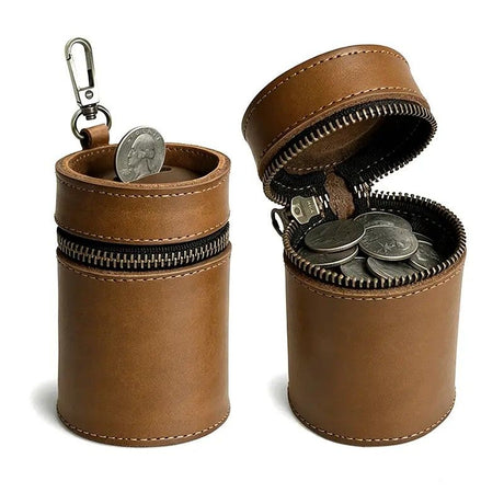 Oil Nubuck Leather Barrel Piggy Bank, Top-Grain Cowhide Plain Design, Zipper Closure Portable（coffee color）