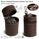 Oil Nubuck Leather Barrel Piggy Bank, Top-Grain Cowhide Plain Design, Zipper Closure Portable（brown）