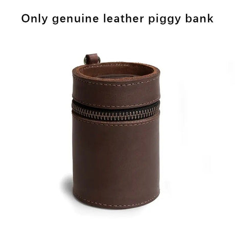 Oil Nubuck Leather Barrel Piggy Bank, Top-Grain Cowhide Plain Design, Zipper Closure Portable（brown）
