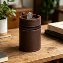 Oil Nubuck Leather Barrel Piggy Bank, Top-Grain Cowhide Plain Design, Zipper Closure Portable（brown）