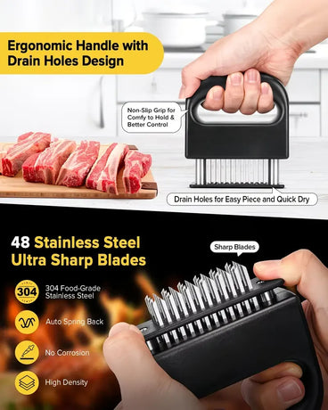 304 Stainless Steel 48-Blade Meat Tenderizer, Non-Slip Handle with Auto-Retraction, Quickly Cuts Tendons and Shortens Cooking Time, Works for Steak Lamb Chops Chicken Breast, Kitchen Essential