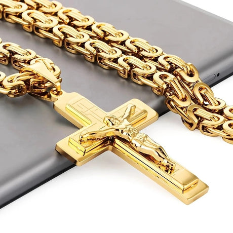 golden Trendy Gold-Plated Cross Men's Pendant, paired with a Cuban chain—a bold, personal expression of faith.