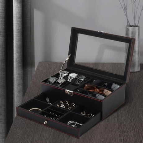 Men's Watch and Glasses Storage Box: Transparent Lid, Zoned Storage, Multi-slot Protection for Watches and Accessories