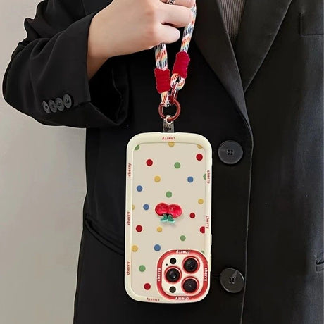 Creamy White Shell Cherry Painting iPhone Case Silicone Drop Protection Full Lens Cover with Lanyard Cute Polka Dot Design(iPhone16)