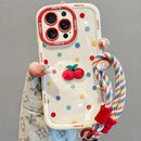 Creamy White Shell Cherry Painting iPhone Case Silicone Drop Protection Full Lens Cover with Lanyard Cute Polka Dot Design(iPhone17)