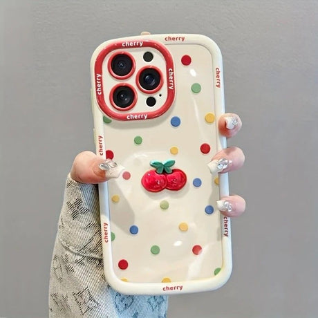 Creamy White Shell Cherry Painting iPhone Case Silicone Drop Protection Full Lens Cover with Lanyard Cute Polka Dot Design(iPhone17 air)