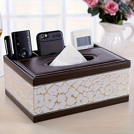 White gold Multi-Function Leather Tissue Box, Wooden Frame with Compartment Storage, Anti-Slip and Stable, Living Room and Office Desktop Organizer