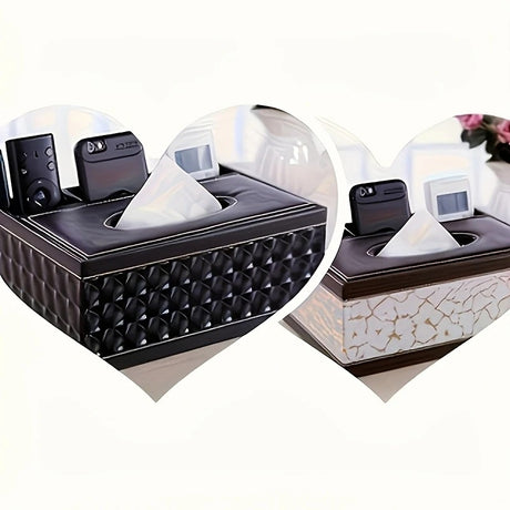 White gold Multi-Function Leather Tissue Box, Wooden Frame with Compartment Storage, Anti-Slip and Stable, Living Room and Office Desktop Organizer
