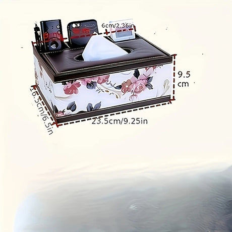 White gold Multi-Function Leather Tissue Box, Wooden Frame with Compartment Storage, Anti-Slip and Stable, Living Room and Office Desktop Organizer