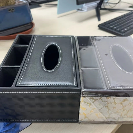 White gold Multi-Function Leather Tissue Box, Wooden Frame with Compartment Storage, Anti-Slip and Stable, Living Room and Office Desktop Organizer