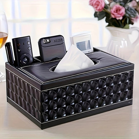 White gold Multi-Function Leather Tissue Box, Wooden Frame with Compartment Storage, Anti-Slip and Stable, Living Room and Office Desktop Organizer