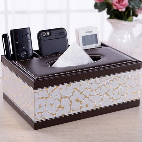 White gold Multi-Function Leather Tissue Box, Wooden Frame with Compartment Storage, Anti-Slip and Stable, Living Room and Office Desktop Organizer
