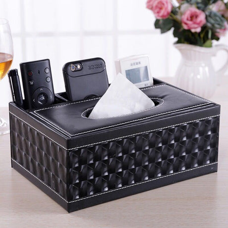 White gold Multi-Function Leather Tissue Box, Wooden Frame with Compartment Storage, Anti-Slip and Stable, Living Room and Office Desktop Organizer