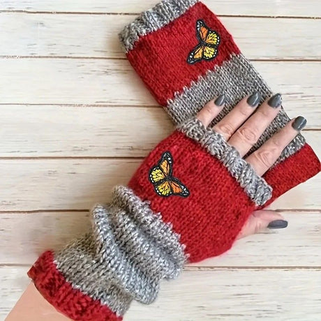 Fashion Color-Block Butterfly Embroidered Knit Gloves, Warm Fit 8.5×22cm, Practical Sweet Stylish Essential for Autumn/Winter Outfits(GREEN)