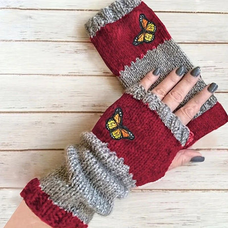 Fashion Color-Block Butterfly Embroidered Knit Gloves, Warm Fit 8.5×22cm, Practical Sweet Stylish Essential for Autumn/Winter Outfits(RED)