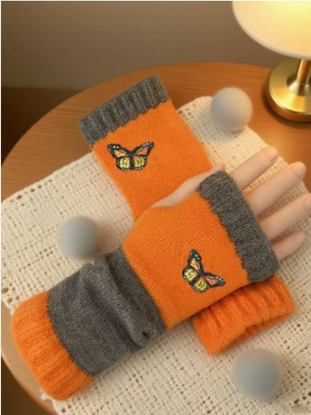 Fashion Color-Block Butterfly Embroidered Knit Gloves, Warm Fit 8.5×22cm, Practical Sweet Stylish Essential for Autumn/Winter Outfits(orange (colour))