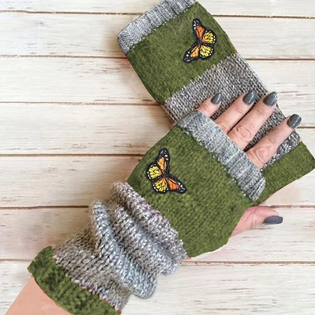 Fashion Color-Block Butterfly Embroidered Knit Gloves, Warm Fit 8.5×22cm, Practical Sweet Stylish Essential for Autumn/Winter Outfits(orange (colour))