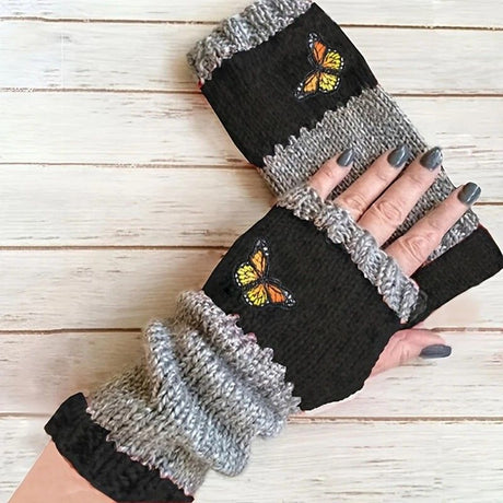 Fashion Color-Block Butterfly Embroidered Knit Gloves, Warm Fit 8.5×22cm, Practical Sweet Stylish Essential for Autumn/Winter Outfits(orange (colour))