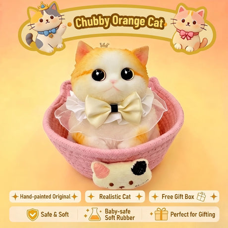 Fat Cat Squishy Toy, Lifelike Cat Plush Doll, Original Hand-Painted Design, (Kitten + Accessories + Cat Bed)/Pink princess with three flowers