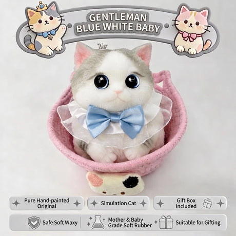 Fat Cat Squishy Toy, Lifelike Cat Plush Doll, Original Hand-Painted Design, (Kitten + Accessories + Cat Bed)/Pink princess with three flowers