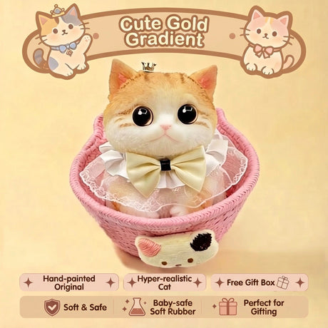 Fat Cat Squishy Toy, Lifelike Cat Plush Doll, Original Hand-Painted Design, (Kitten + Accessories + Cat Bed)/Lovely golden gradient