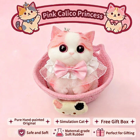 Fat Cat Squishy Toy, Lifelike Cat Plush Doll, Original Hand-Painted Design, (Kitten + Accessories + Cat Bed)/Lovely golden gradient