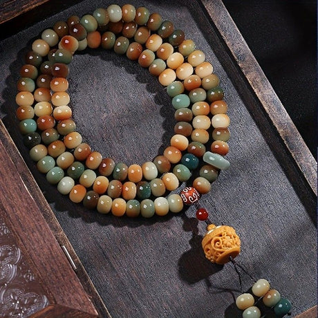 108 Bodhi Root Bracelet with Green Sandalwood Sachet, Textured by Time, Multi-Loop Zen Meditation Beads