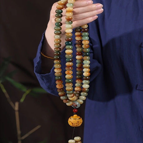 108 Bodhi Root Bracelet with Green Sandalwood Sachet, Textured by Time, Multi-Loop Zen Meditation Beads