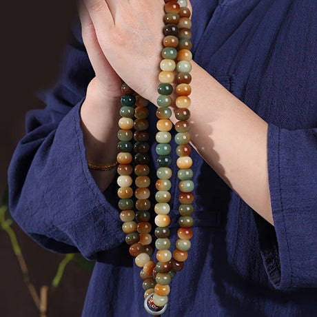 108 Bodhi Root Bracelet with Green Sandalwood Sachet, Textured by Time, Multi-Loop Zen Meditation Beads