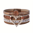 Bohemian Braided Leather Bracelet, Multi-layer Design with Metal and Crystal Accents, Rose Gold Square Clasp with Heart Crystal, Embodying Casual Romantic Exotic Charm.(white)