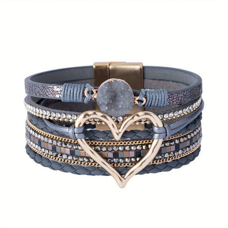 Bohemian Braided Leather Bracelet, Multi-layer Design with Metal and Crystal Accents, Rose Gold Square Clasp with Heart Crystal, Embodying Casual Romantic Exotic Charm.(white)