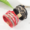 Bohemian Braided Leather Bracelet, Multi-layer Design with Metal and Crystal Accents, Rose Gold Square Clasp with Heart Crystal, Embodying Casual Romantic Exotic Charm.(white)