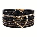Bohemian Braided Leather Bracelet, Multi-layer Design with Metal and Crystal Accents, Rose Gold Square Clasp with Heart Crystal, Embodying Casual Romantic Exotic Charm.(black)