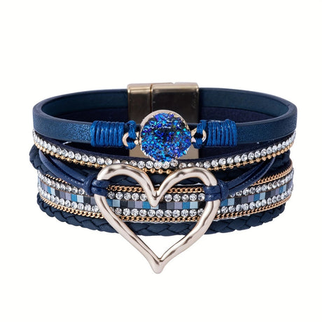 Bohemian Braided Leather Bracelet, Multi-layer Design with Metal and Crystal Accents, Rose Gold Square Clasp with Heart Crystal, Embodying Casual Romantic Exotic Charm.(black)