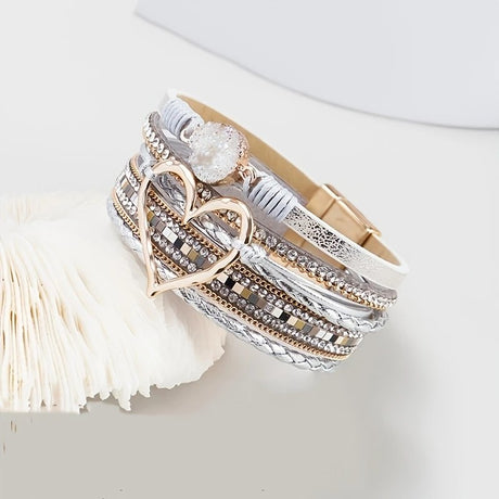 Bohemian Braided Leather Bracelet, Multi-layer Design with Metal and Crystal Accents, Rose Gold Square Clasp with Heart Crystal, Embodying Casual Romantic Exotic Charm.(black)