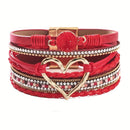 Bohemian Braided Leather Bracelet, Multi-layer Design with Metal and Crystal Accents, Rose Gold Square Clasp with Heart Crystal, Embodying Casual Romantic Exotic Charm.(black)