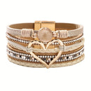 Bohemian Braided Leather Bracelet, Multi-layer Design with Metal and Crystal Accents, Rose Gold Square Clasp with Heart Crystal, Embodying Casual Romantic Exotic Charm.(brown)