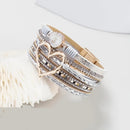 Bohemian Braided Leather Bracelet, Multi-layer Design with Metal and Crystal Accents, Rose Gold Square Clasp with Heart Crystal, Embodying Casual Romantic Exotic Charm.(brown)