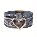 Bohemian Braided Leather Bracelet, Multi-layer Design with Metal and Crystal Accents, Rose Gold Square Clasp with Heart Crystal, Embodying Casual Romantic Exotic Charm.(brown)
