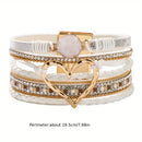 Bohemian Braided Leather Bracelet, Multi-layer Design with Metal and Crystal Accents, Rose Gold Square Clasp with Heart Crystal, Embodying Casual Romantic Exotic Charm.(brown)