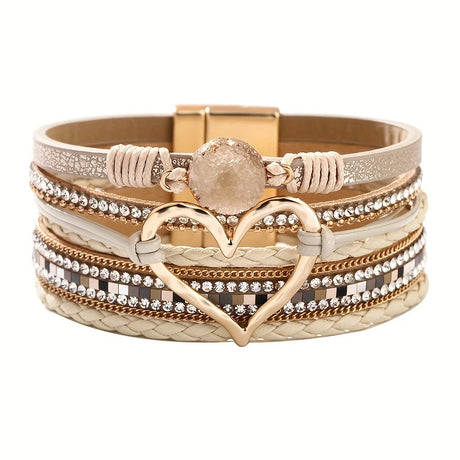 Bohemian Braided Leather Bracelet, Multi-layer Design with Metal and Crystal Accents, Rose Gold Square Clasp with Heart Crystal, Embodying Casual Romantic Exotic Charm.(khaki)