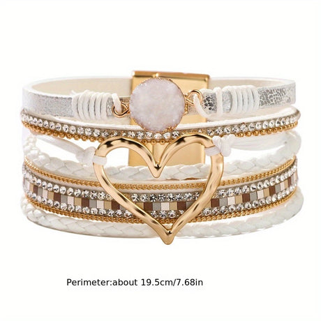 Bohemian Braided Leather Bracelet, Multi-layer Design with Metal and Crystal Accents, Rose Gold Square Clasp with Heart Crystal, Embodying Casual Romantic Exotic Charm.(khaki)