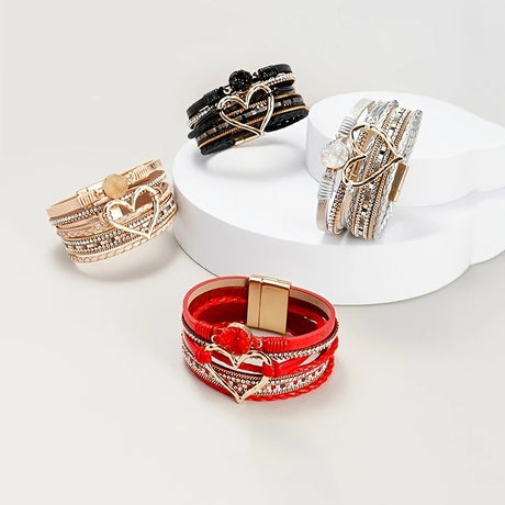 Bohemian Braided Leather Bracelet, Multi-layer Design with Metal and Crystal Accents, Rose Gold Square Clasp with Heart Crystal, Embodying Casual Romantic Exotic Charm.(khaki)